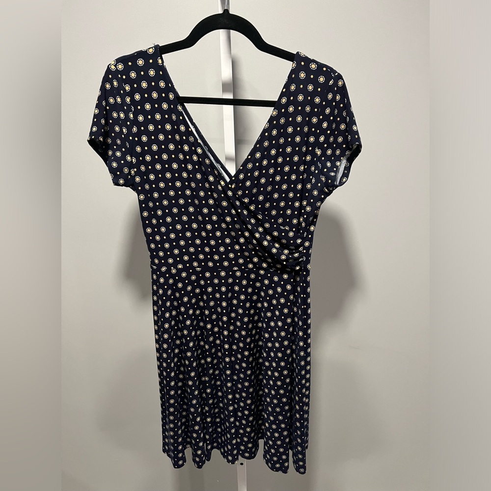 Kaileigh Stitch Fix Navy Blue Yellow White Floral Knit Faux Wrap Dress Size L